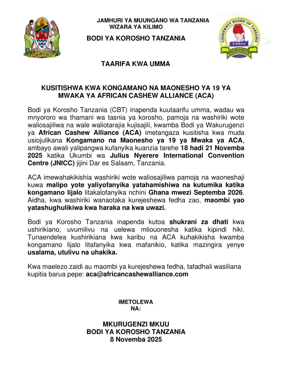 KUSITISHWA KWA KONGAMANO NA MAONESHO YA 19 YA MWAKA YA...